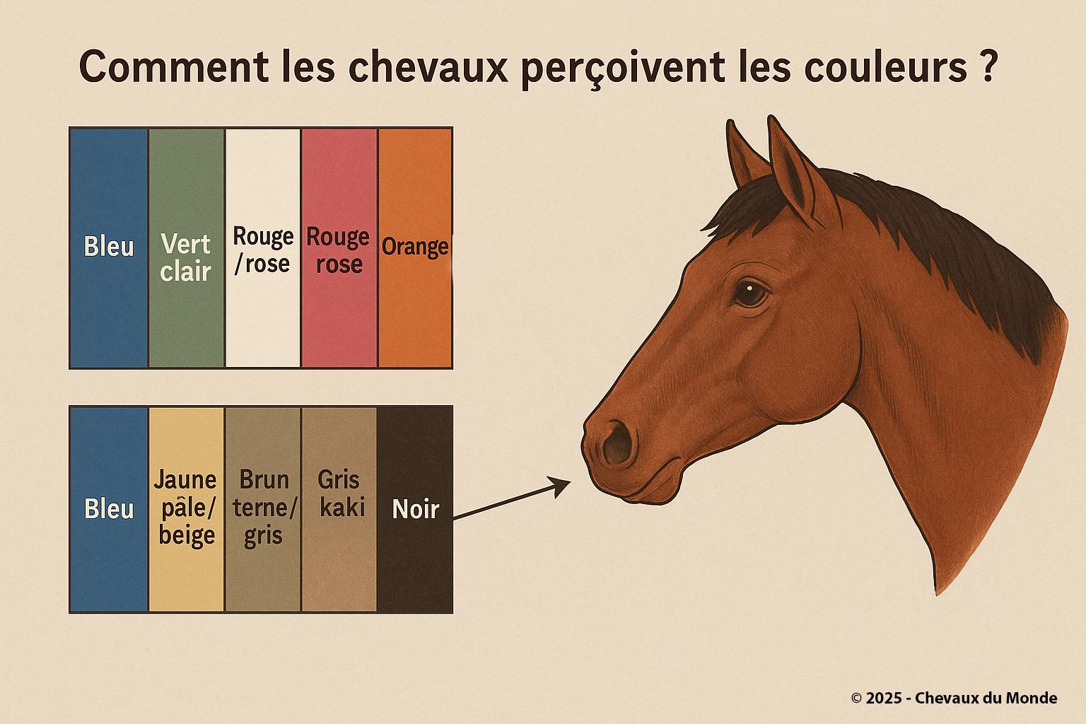 Diagram comparing human and horse color perception, with a horse head profile on the right
