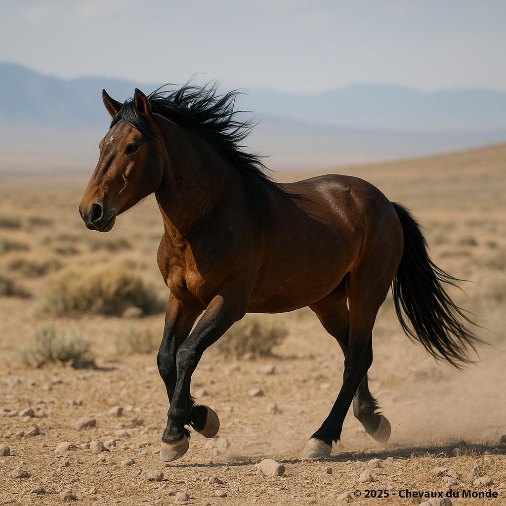 Wild mustang galloping across dry, rocky terrain