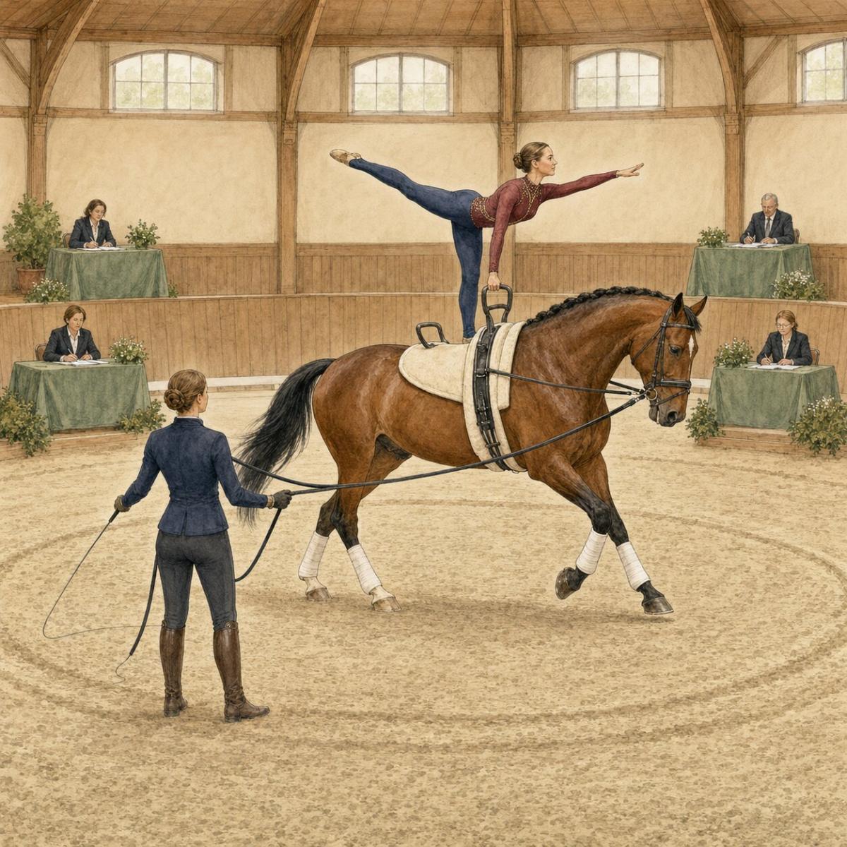 Vaulter performing a balance exercise on a bay horse guided by a lunger during a competition.