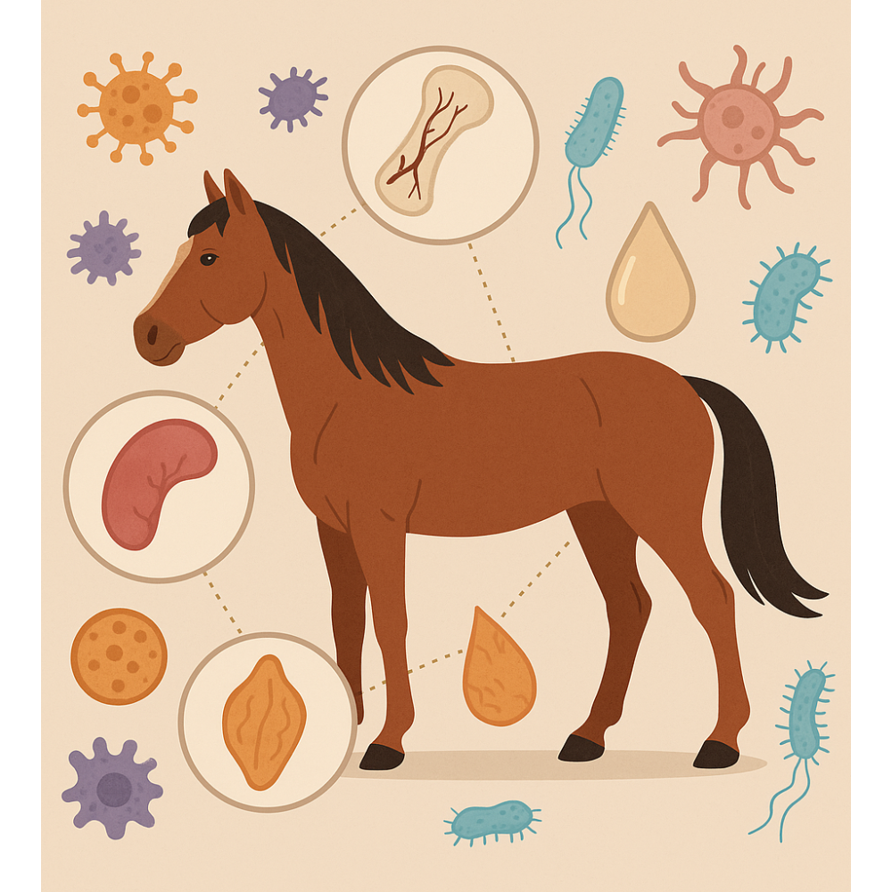 Illustration of a horse surrounded by stylized immune cells and pathogens.