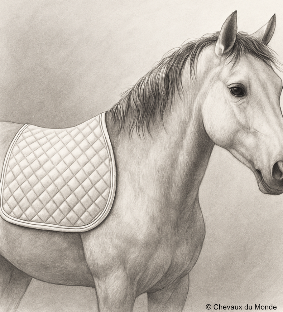 Pencil illustration of a three-quarter view horse wearing a quilted saddle pad.