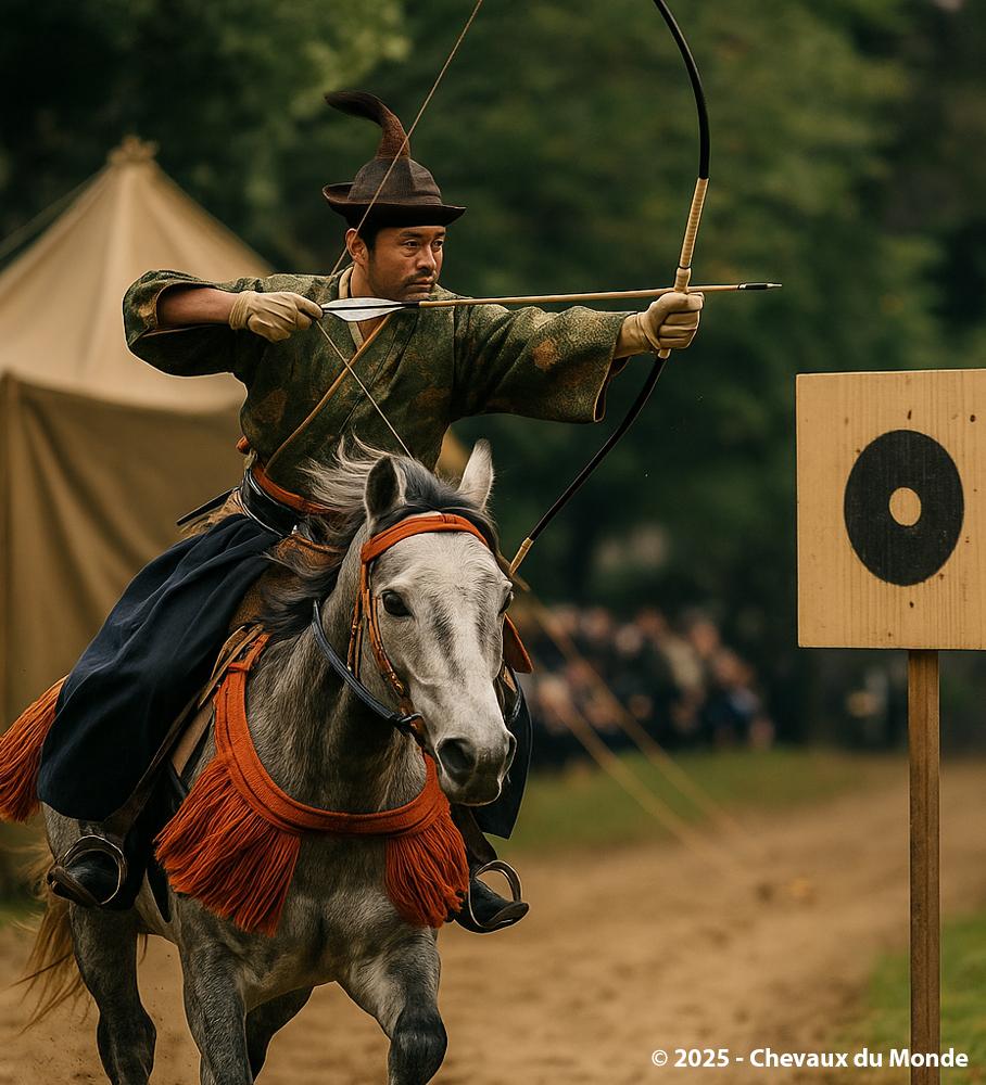Japanese archer in traditional attire shooting a bow on horseback during a Yabusame demonstration, aiming at a wooden target.
