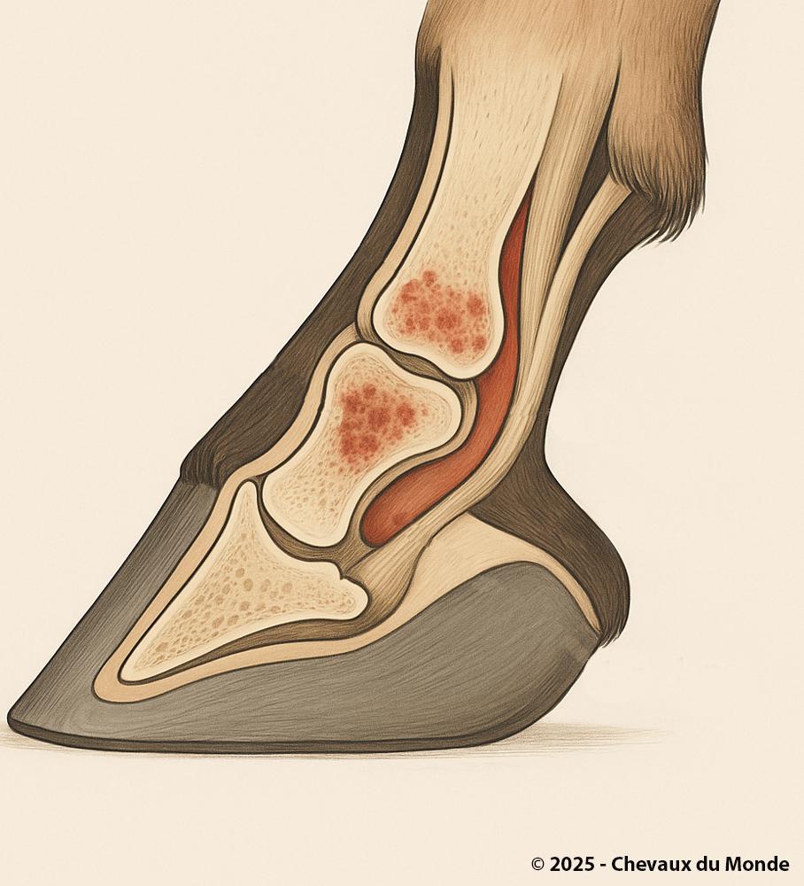 Anatomical illustration of a horse’s foot showing the navicular bone, podotrochlear bursa, and lesions associated with navicular syndrome.