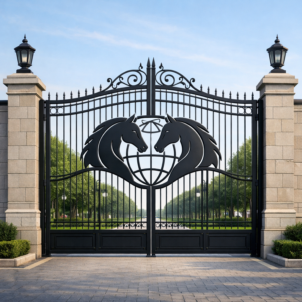 Wrought iron gate of the World Horses Park featuring two horse silhouettes forming a globe, framed by stone pillars.