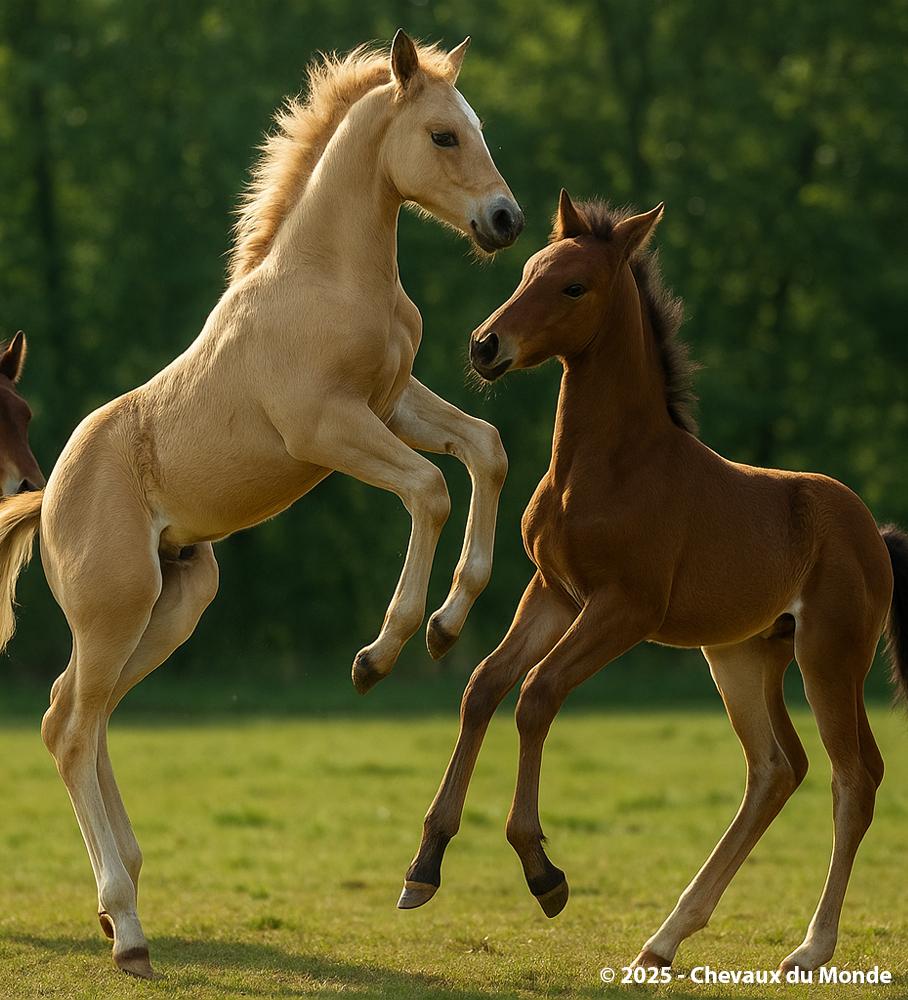Foals playing together in a sunny pasture.