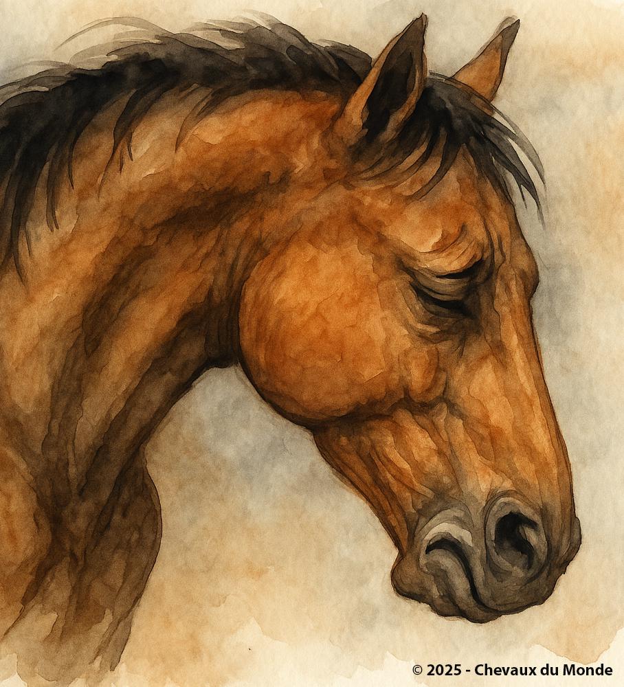 Watercolor painting of a bay horse’s head in profile, showing subtle signs of pain.