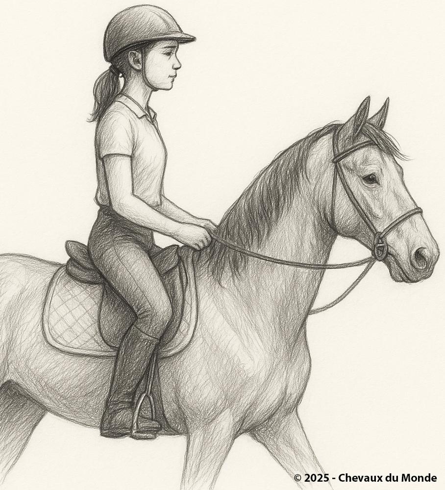 Pencil drawing of a beginner rider on a horse with a simple bridle, shown in side profile.