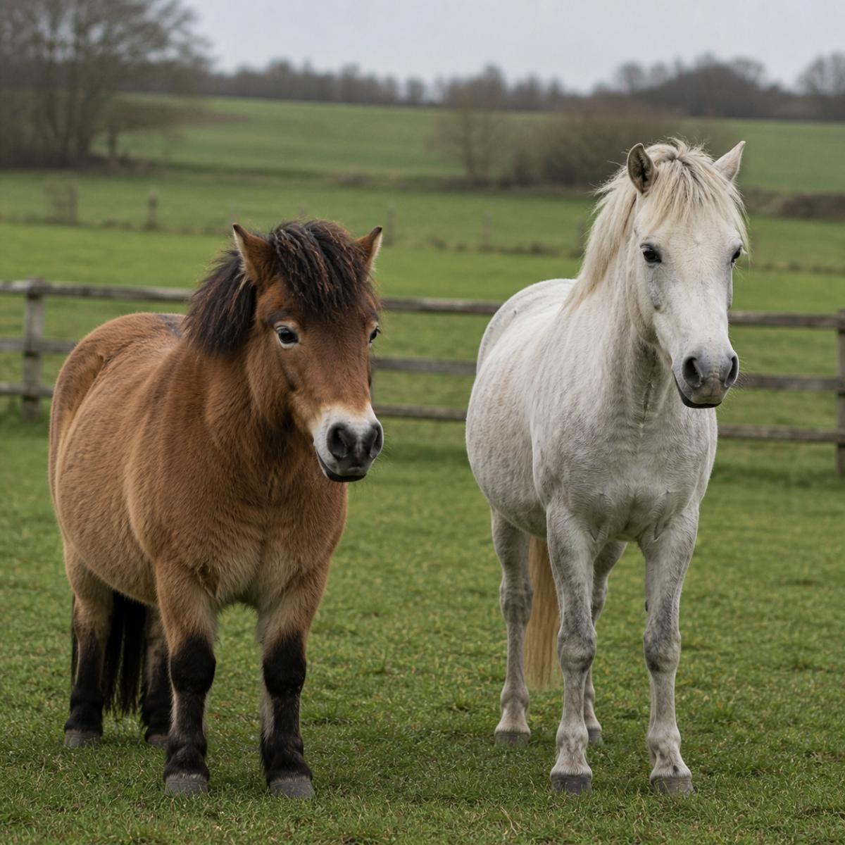 Two ponies with different builds standing in a pasture