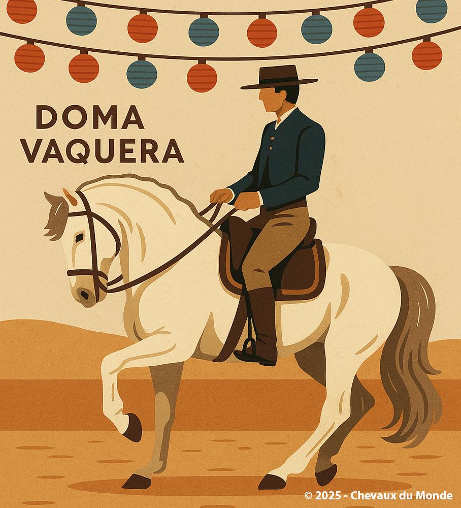 Stylized illustration of an Andalusian rider in traditional attire performing a Doma Vaquera move on a white horse, beneath the lanterns of a Spanish feria.