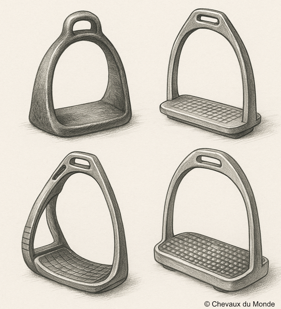 Pencil illustration showing four historical and modern stirrup types arranged for comparison.
