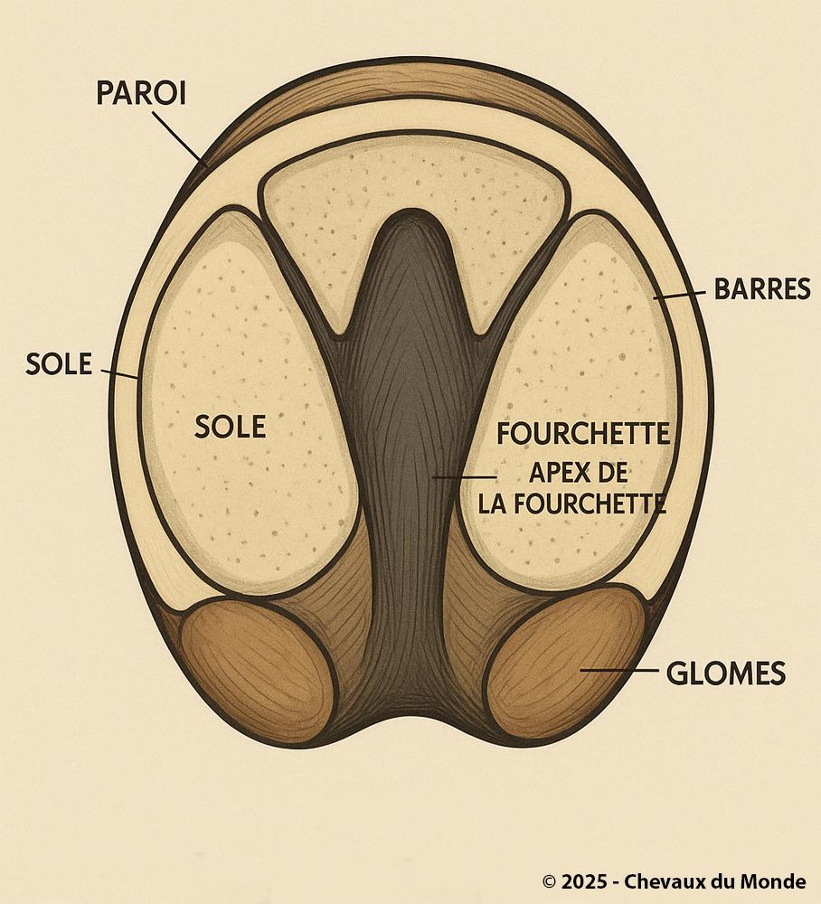 Plantar anatomical view of the horse’s hoof showing the wall, sole, frog with its apex, bars, and heels (glomes).