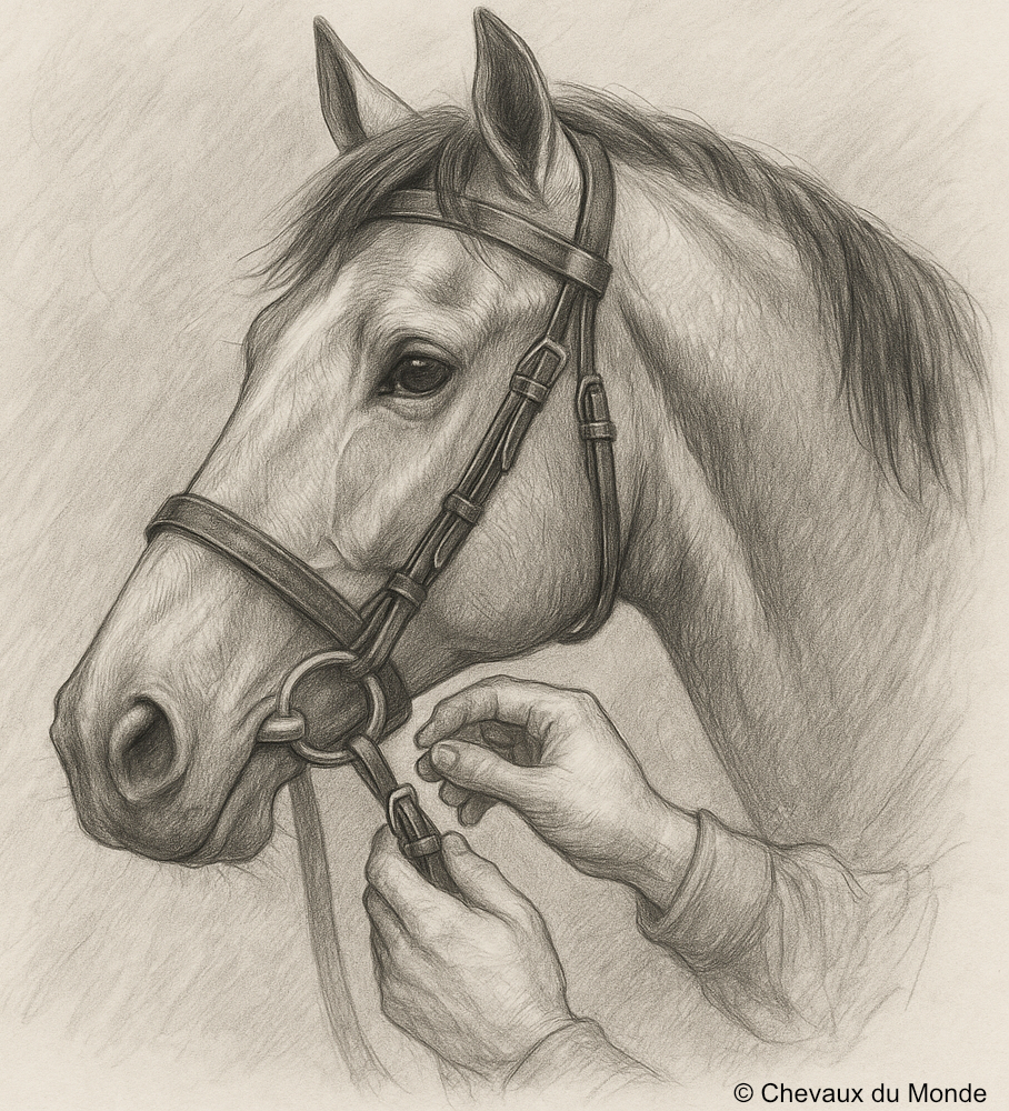 Pencil illustration of a horse in profile while a person carefully adjusts the bit and bridle.