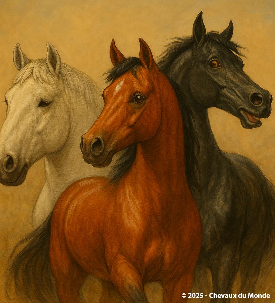 Three horses of different breeds showing contrasting temperaments: one calm and peaceful, another curious and attentive, and the last one lively and energetic.