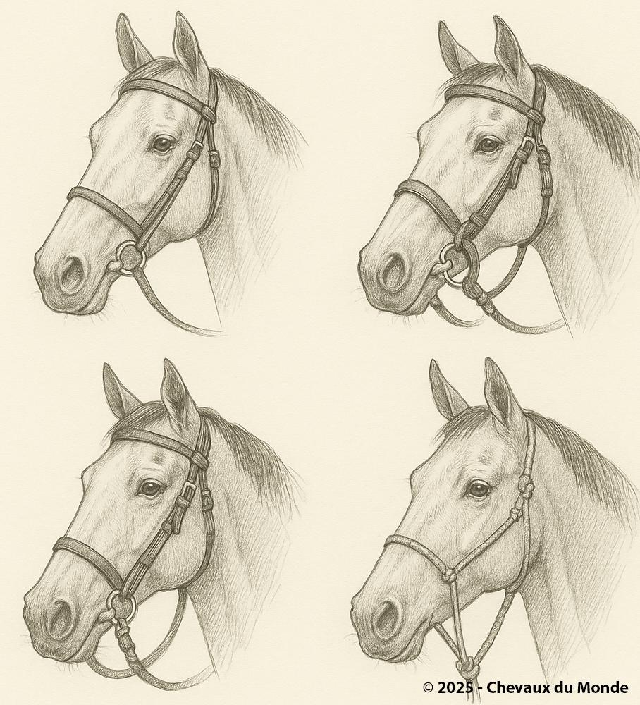 Pencil drawing of different types of horse bridles (snaffle bridle, double bridle, hackamore, rope halter)