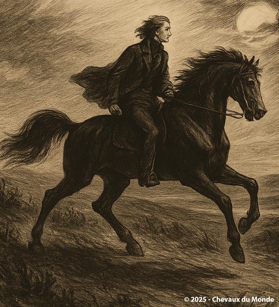 Romantic-style illustration of a lone rider galloping through a nocturnal landscape under a stormy sky.