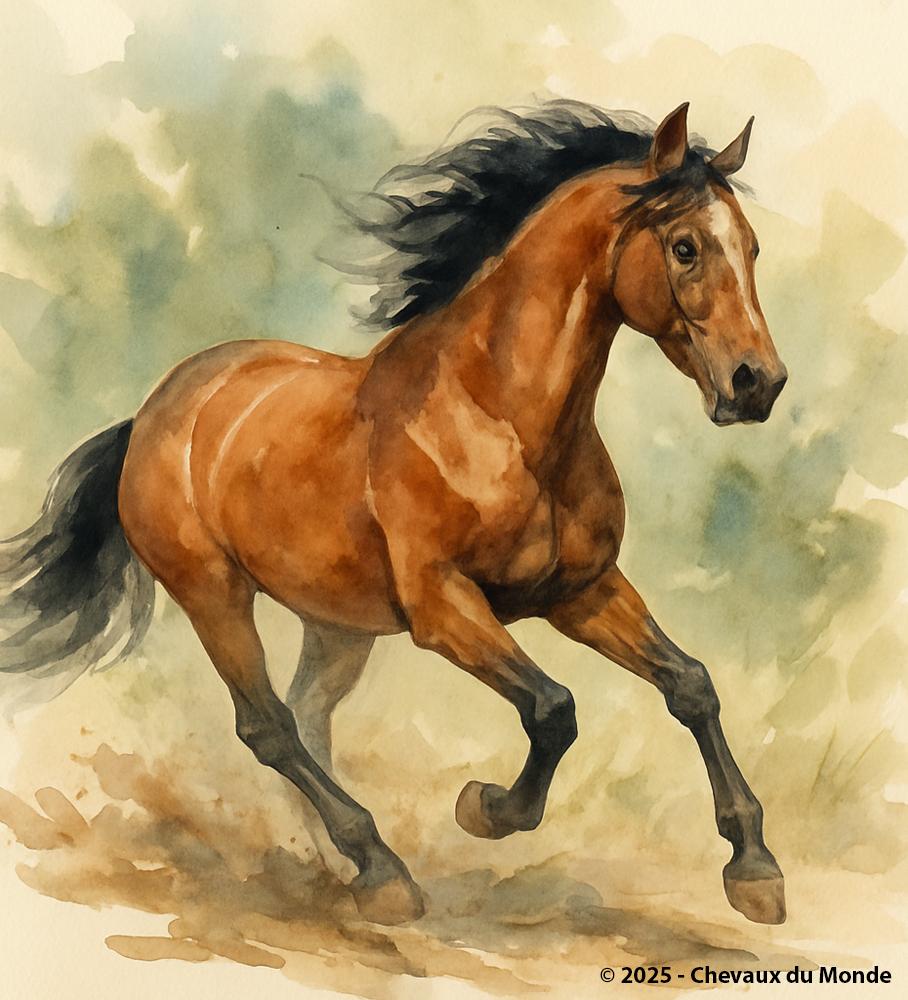 Bay horse in motion depicted in watercolor.