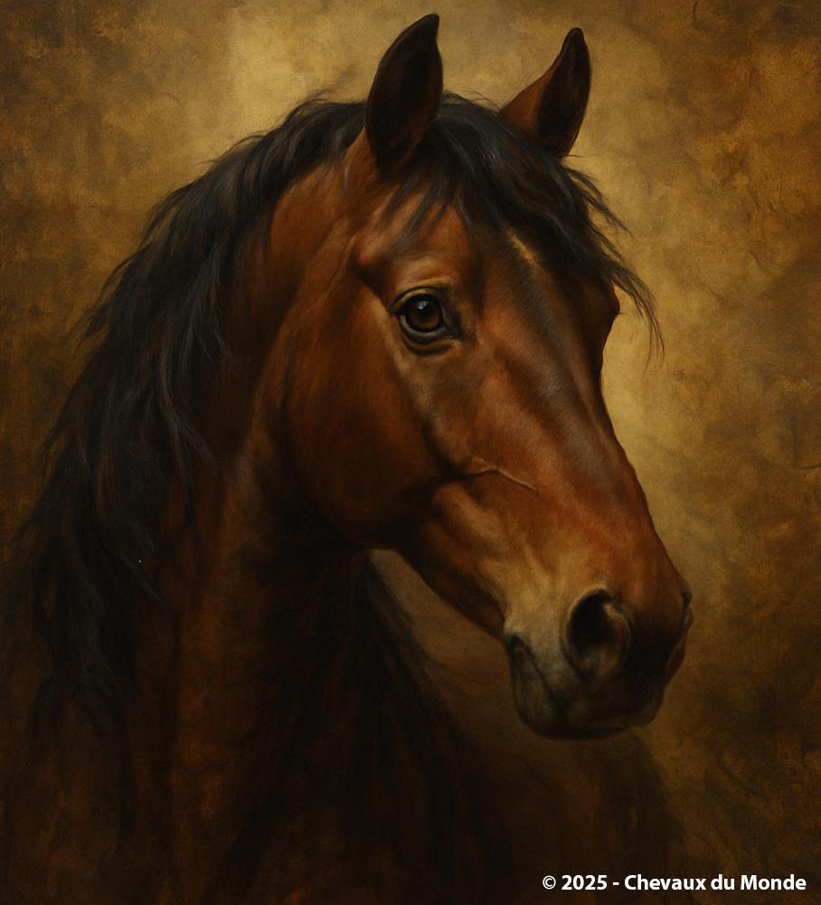 Artistic portrait of a bay horse in profile, on a textured brown background.