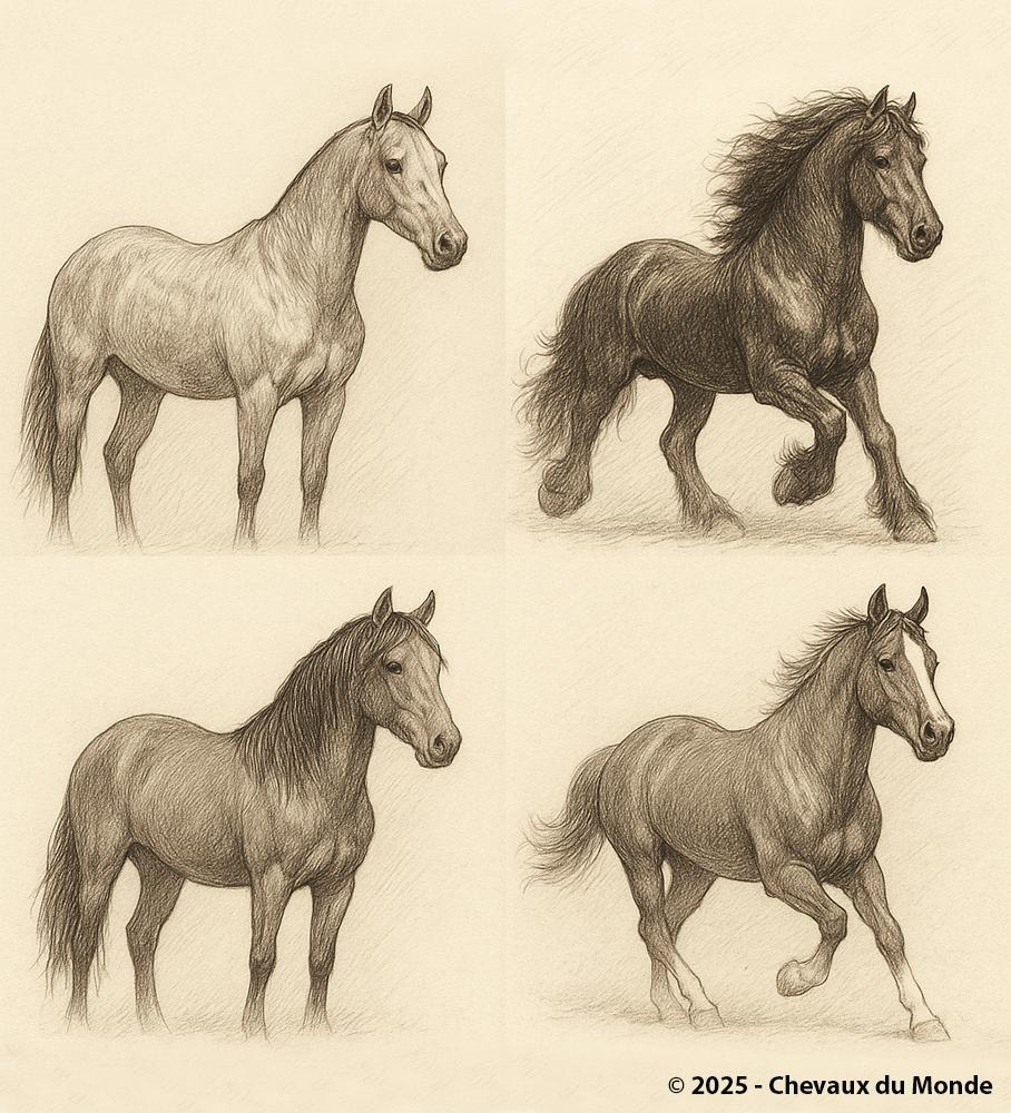 Pencil drawing depicting four horses of different breeds, in a classic and realistic style.