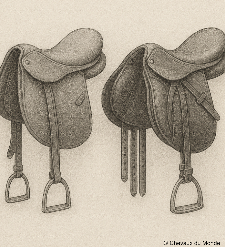 Side-by-side pencil illustration comparing a treeless saddle and a traditional treed saddle.