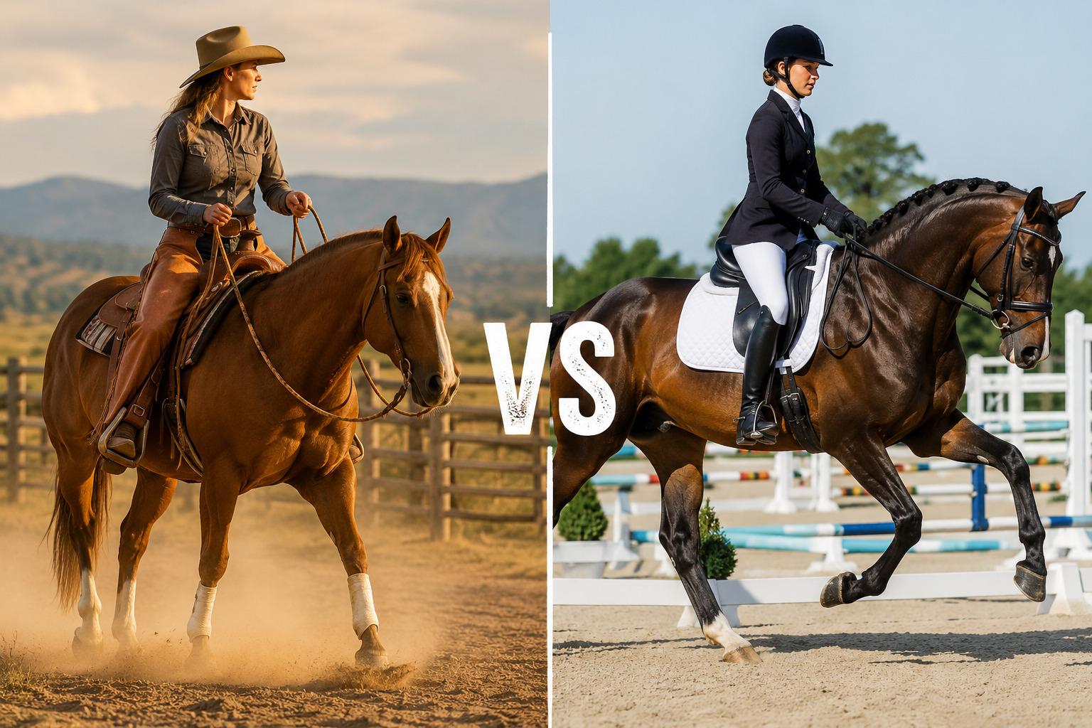 Comparison between western riding and English riding with two riders and two different riding styles.