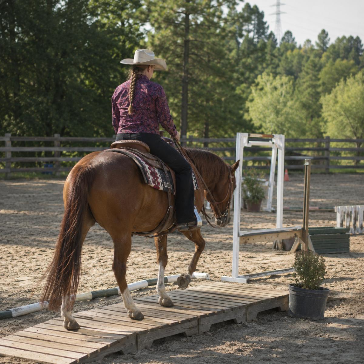 Horse and rider crossing a bridge during a western trail course in an outdoor arena.