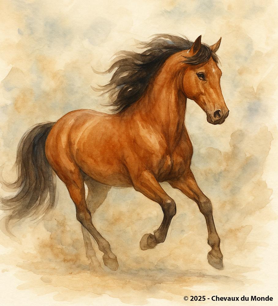 Watercolor of a bay horse galloping freely through a cloud of dust, with flowing mane and eyes looking ahead.