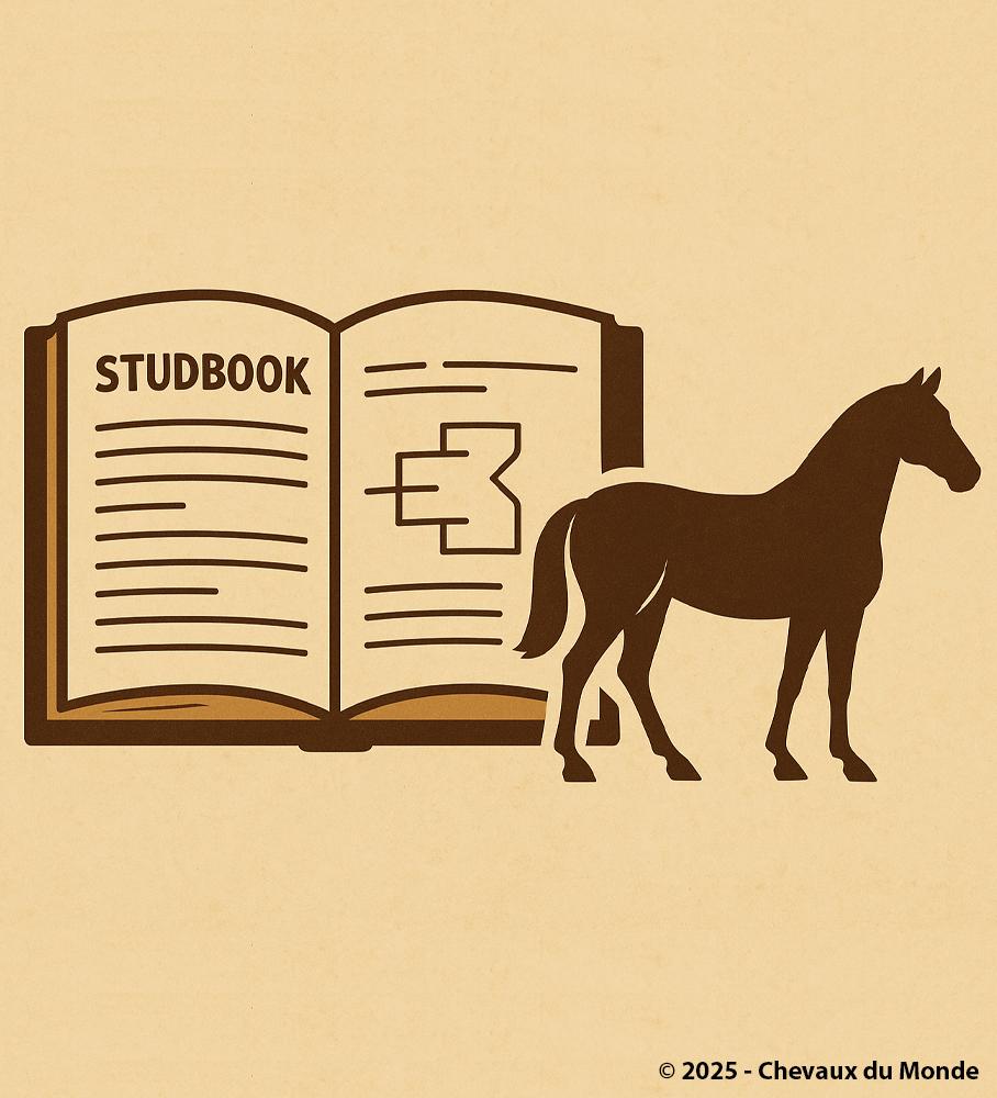 Vintage-style illustration showing an open stud-book with symbolic genealogical lines, and a black horse silhouette on the right.