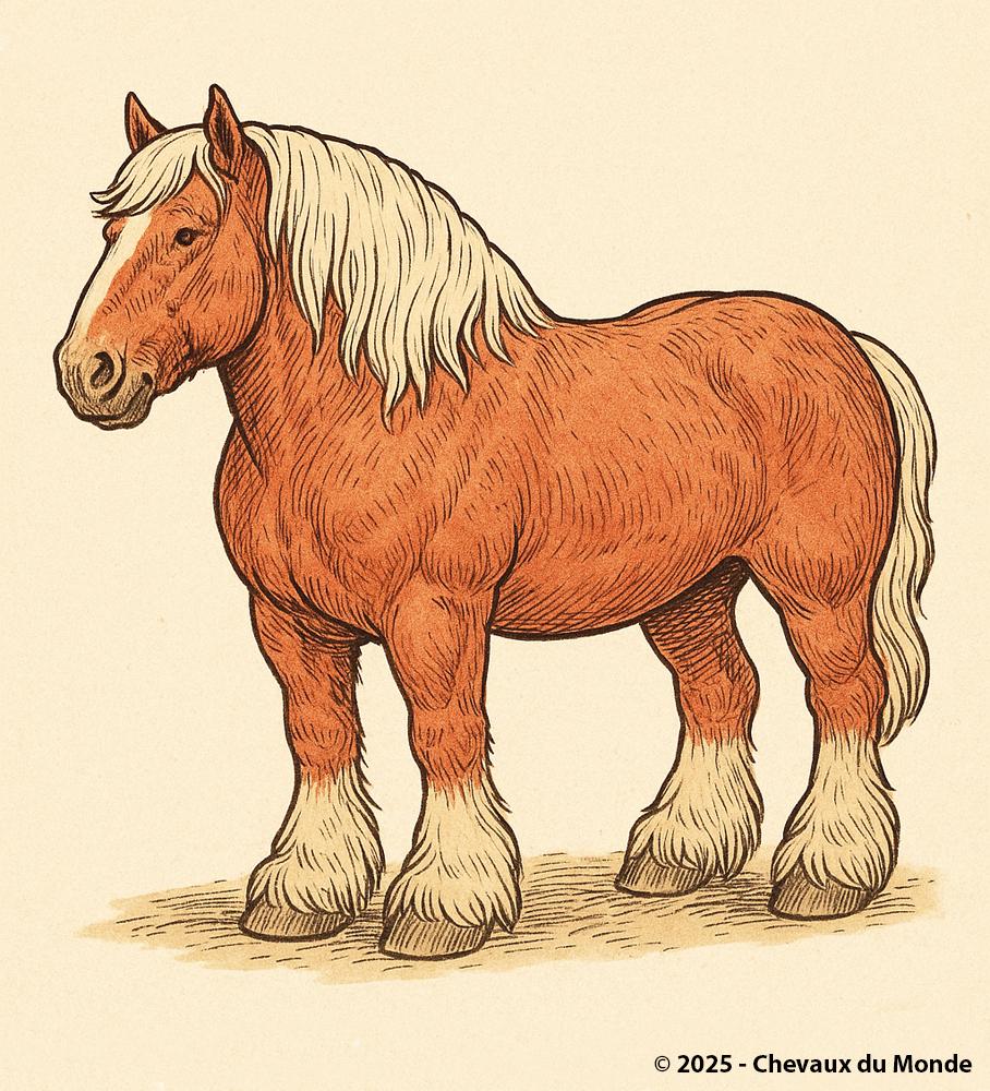 Traditional illustration of a powerful and massive Belgian Draft Horse, with a light chestnut coat and imposing stance.