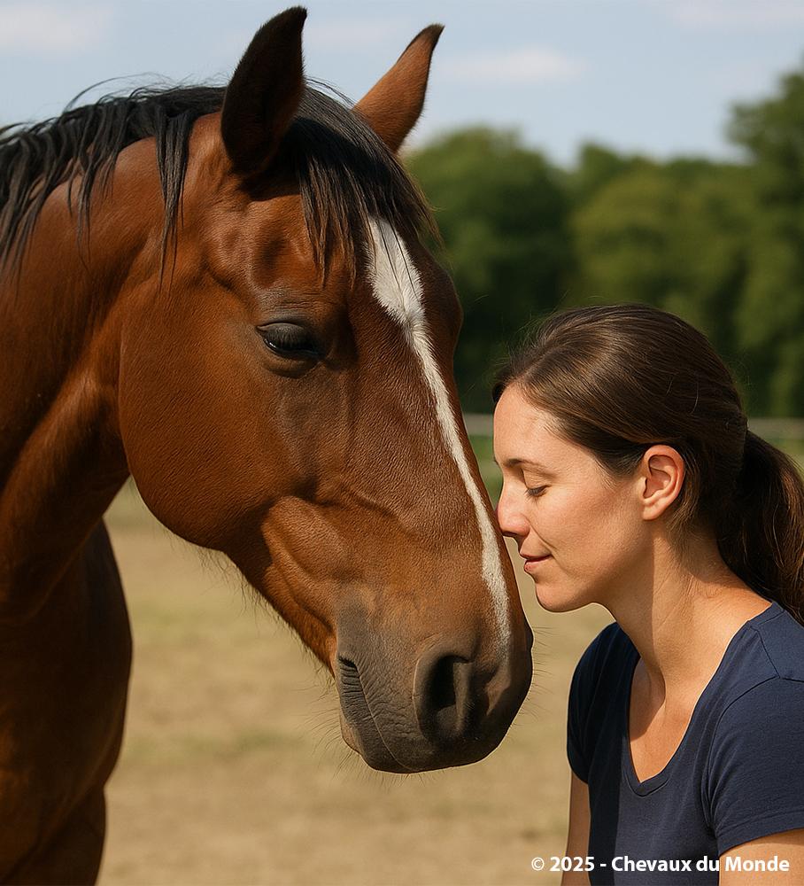 Chestnut horse bonding with a woman, forehead to forehead, in a peaceful countryside setting.