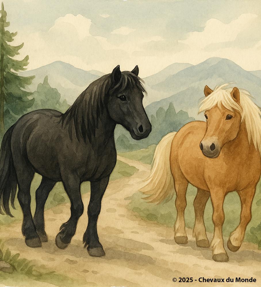 Two trail horses, a black Mérens and a chestnut Icelandic horse, walking on a mountain path.