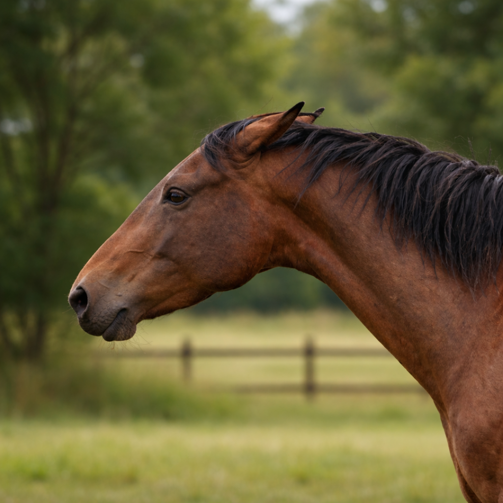 Horse in profile with ears slightly pinned back in a natural environment