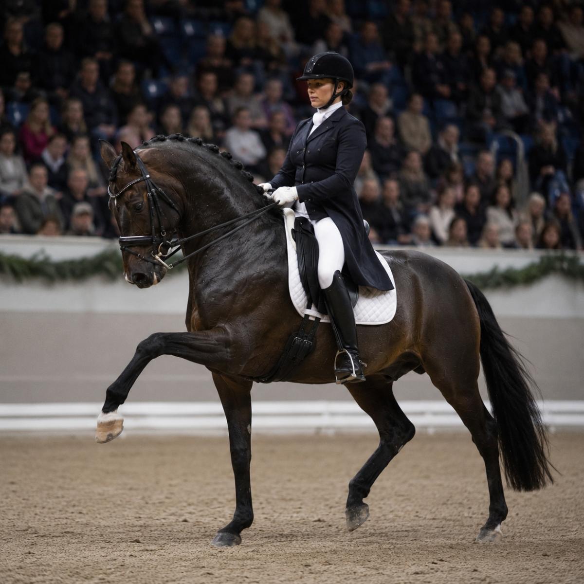 Black dressage horse performing a collected movement with its rider during an indoor competition