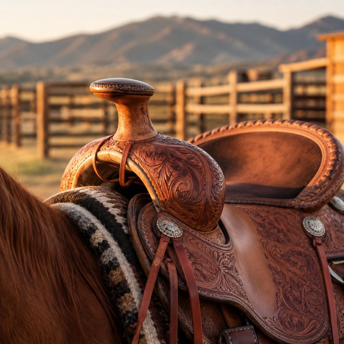 Close-up of a traditional western saddle with its horn on a ranch at sunset.
