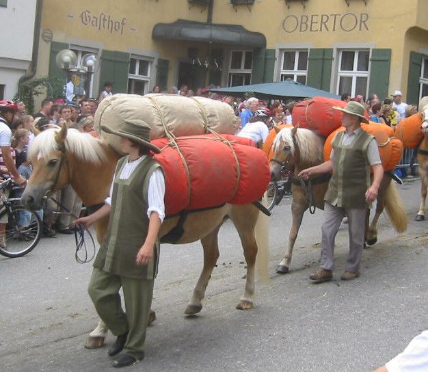  Des Haflingers utilisés comme chevaux de bât lors d'une reconstitution médiévale - CC BY 3.0 - Photo: Andreas Praefcke 