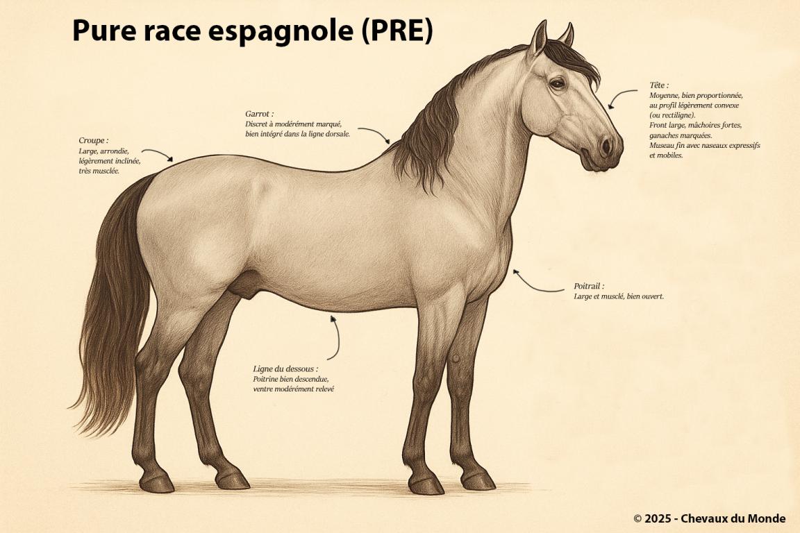 Illustration de profil d’un cheval de Pure race espagnole (PRE), montrant les caractéristiques morphologiques typiques de la race avec annotations - Chevaux du monde 