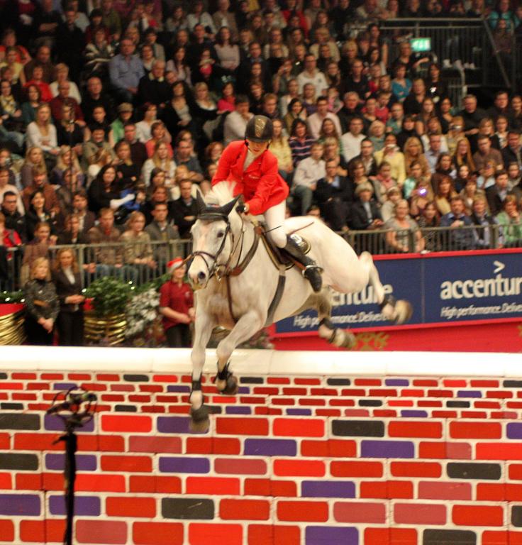 A grey Württemberg mare, Ladina B, competing in show jumping – CC BY 2.0 – Don Carey