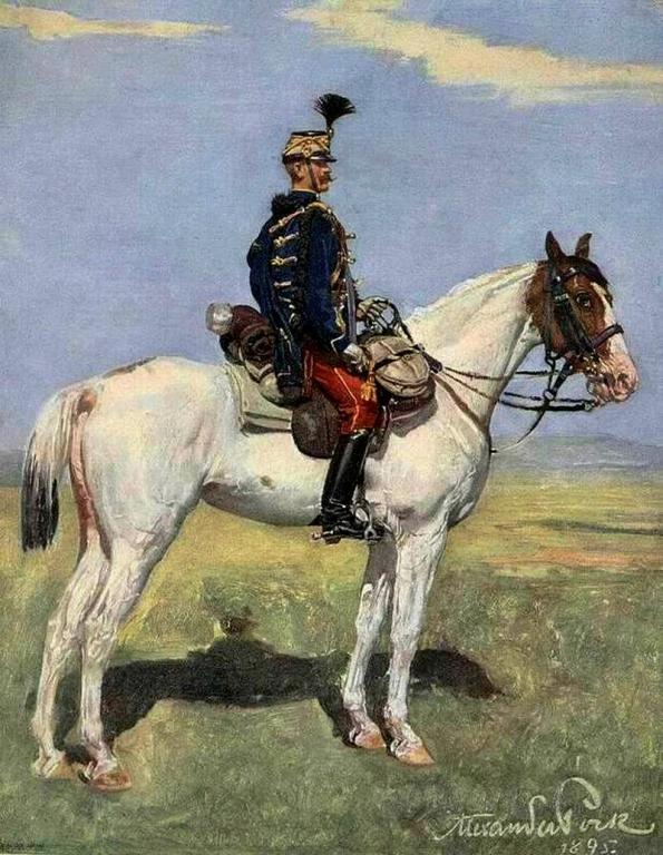 Hungarian Hussar on a Piebald Kisber Felver (1895) - Public Domain