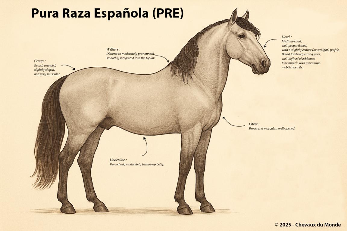 Side illustration of a Pure Spanish Horse (Pura Raza Española – PRE) showing typical breed features with annotated morphology