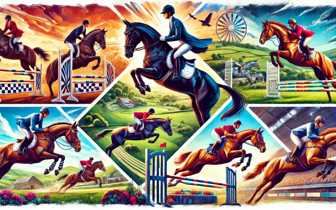 Illustration artistique représentant plusieurs disciplines équestres, incluant un cavalier en dressage, un cavalier en train de sauter un obstacle, des jockeys en course, et un voltigeur réalisant des acrobaties sur un cheval en mouvement, le tout dans un paysage pittoresque.