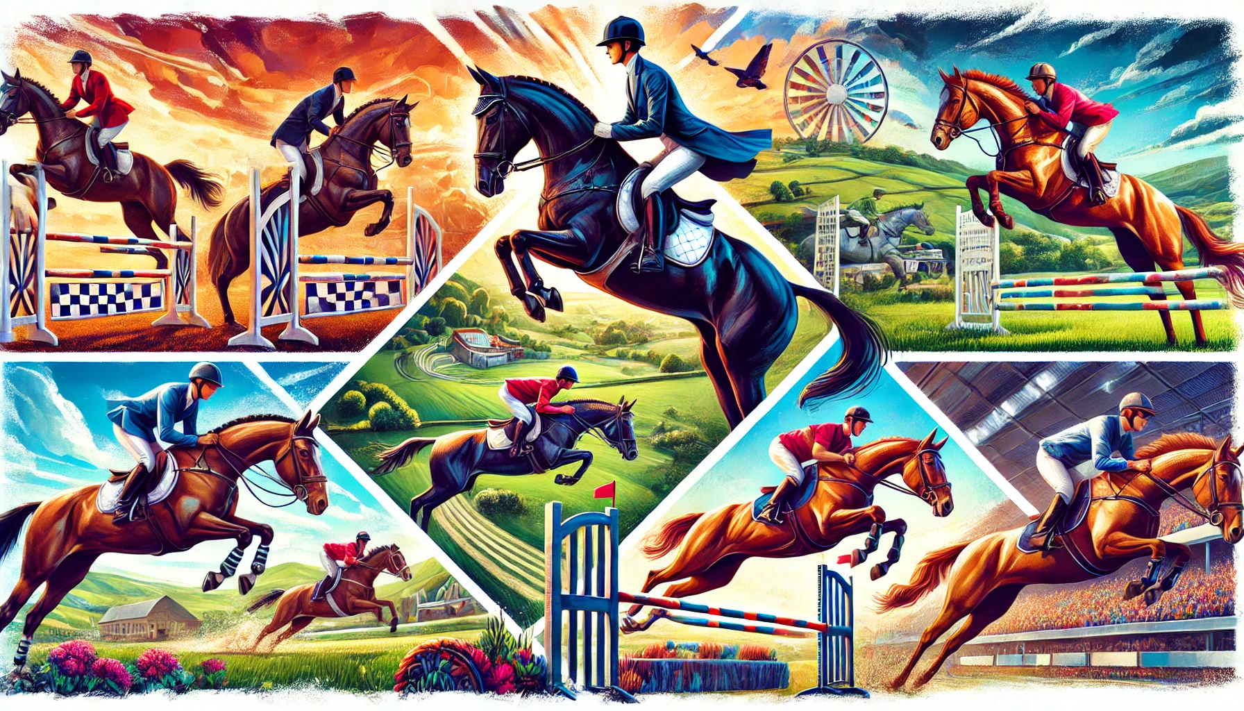 Illustration artistique représentant plusieurs disciplines équestres, incluant un cavalier en dressage, un cavalier en train de sauter un obstacle, des jockeys en course, et un voltigeur réalisant des acrobaties sur un cheval en mouvement, le tout dans un paysage pittoresque.