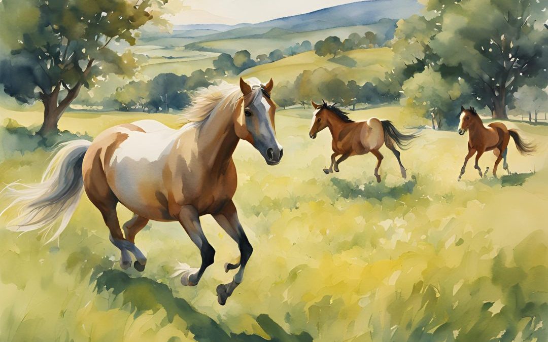 a watercolor of horses running in a field